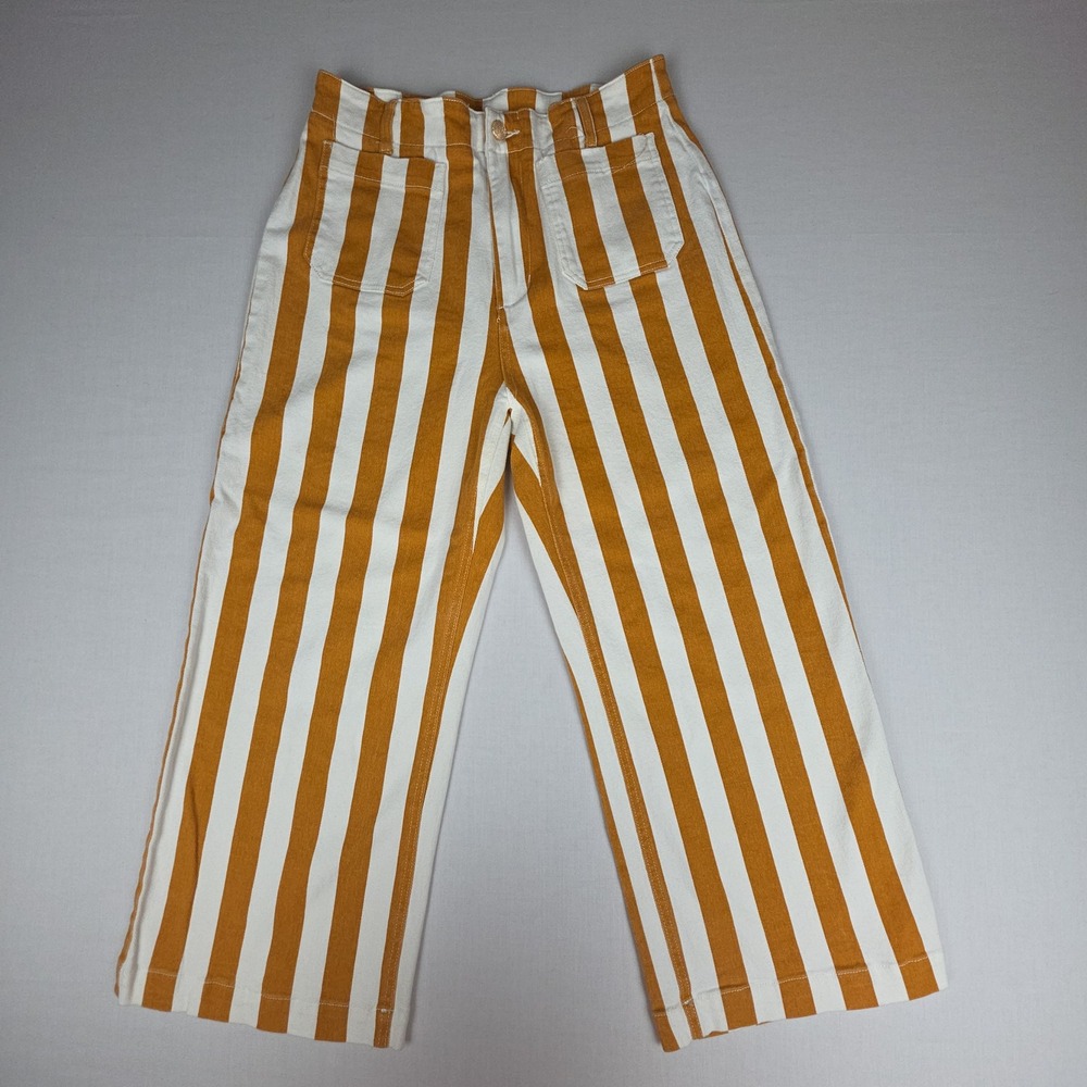 Wild Fable Wide Leg Striped Crop Pants Womens 10 Orange White Cotton Blend Denim - Picture 2 of 11